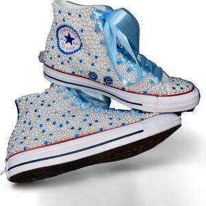 Capri Blue Crystal Diamond & Pearls High Top Converse Sizes 5-14 New